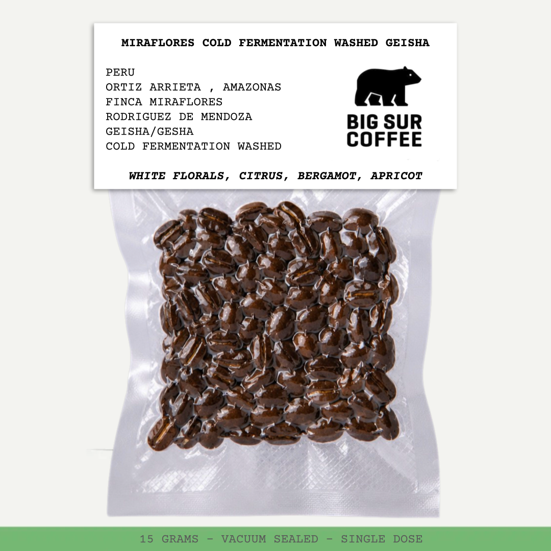 MIRAFLORES COLD FERMENTATION WASHED GEISHA- PERU-ORTIZ ARRIETA-AMAZONAS-FINCA MIRAFLORES- RODRIGUEZ DE MENDOZA-TRANSPARENT-COLD FERMENTATION WASHED-ARABICA-GEISHA/GESHA-WHITE FLORALS, CITRUS, BERGAMOT, APRICOT-BIG SUR COFFEE-CHINA