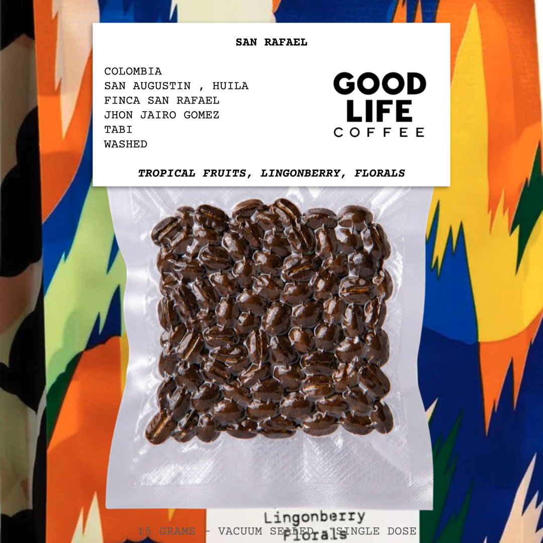 SAN RAFAEL-COLOMBIA-SAN AUGUSTIN-HUILA-SAN RAFAEL-JHON JAIRO GOMEZ-TRANSPARENT-WASHED- ARABICA-TABI-TROPICAL FRUITS, LINGOBERRY, FLORALS-GOOD LIFE COFFEE-FINLAND