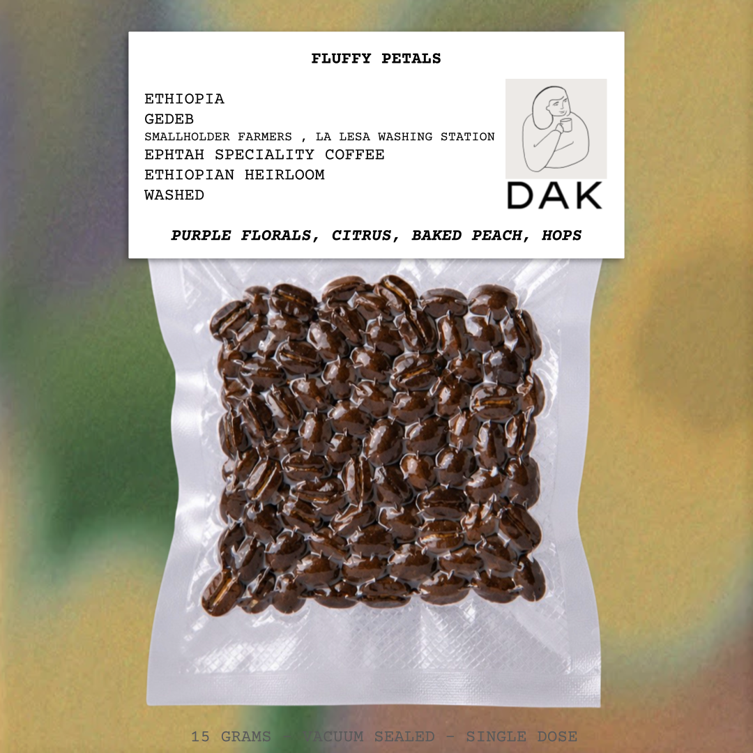 FLUFFY PETALS-ETHIOPIA-GEDEB-SMALLHOLDER FARMERS-EPHTAH SPECIALITY COFFEE-LA LESA WASHING STATION-TRANSPARENT-WASHED-ARABICA- ETHIOPIAN HEIRLOOM-PURPLE FLORALS, CITRUS, BAKED PEACH, HOPS-DAK-NETHERLANDS