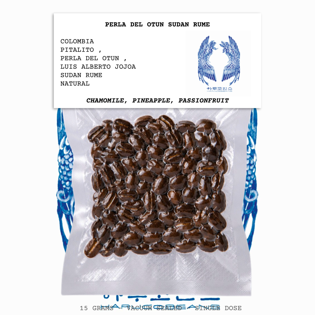 PERLA DEL OTUN SUDAN RUME-COLOMBIA-PITALITO-
PERLA DEL OTUN-LUIS ALBERTO JOJOA-TRANSLUCENT-
NATURAL-ARABICA-SUDAN RUME-CHAMOMILE,
PINEAPPLE, PASSIONFRUIT-HARUCO BEANS-SOUTH
KOREA