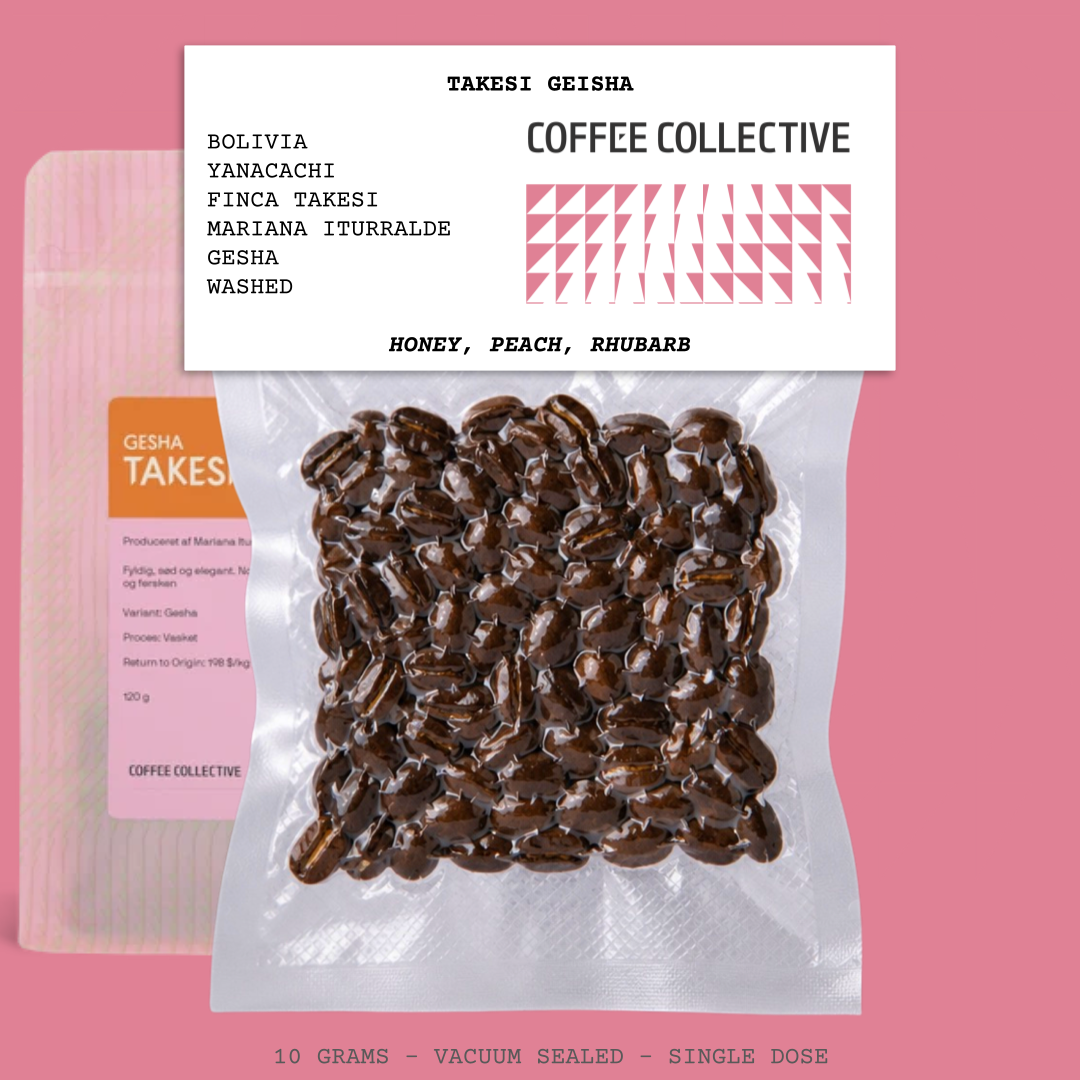 TAKESI GEISHA-BOLIVIA-YANACACHI-SUD YUNGAS- FINCA TAKESI-MARIANA ITURRALDE-TRANSPARENT- WASHED-ARABICA-GEISHA/GESHA-MELON, BERGAMOT, PEACH-COFFEE COLLECTIVE-DENMARK