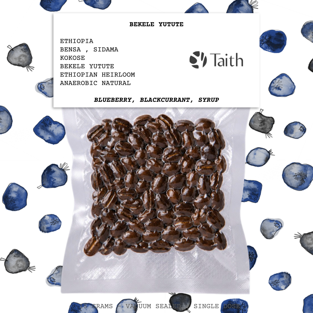 BEKELE YUTUTE-ETHIOPIA-BENSA-SIDAMA-KOKOSE-
BEKELE YUTUTE-OPAQUE-ANAEROBIC NATURAL-ARABICA-
ETHIOPIAN HEIRLOOM-BLUEBERRY, BLACKCURRANT,
SYRUP-TAITH-ENGLAND