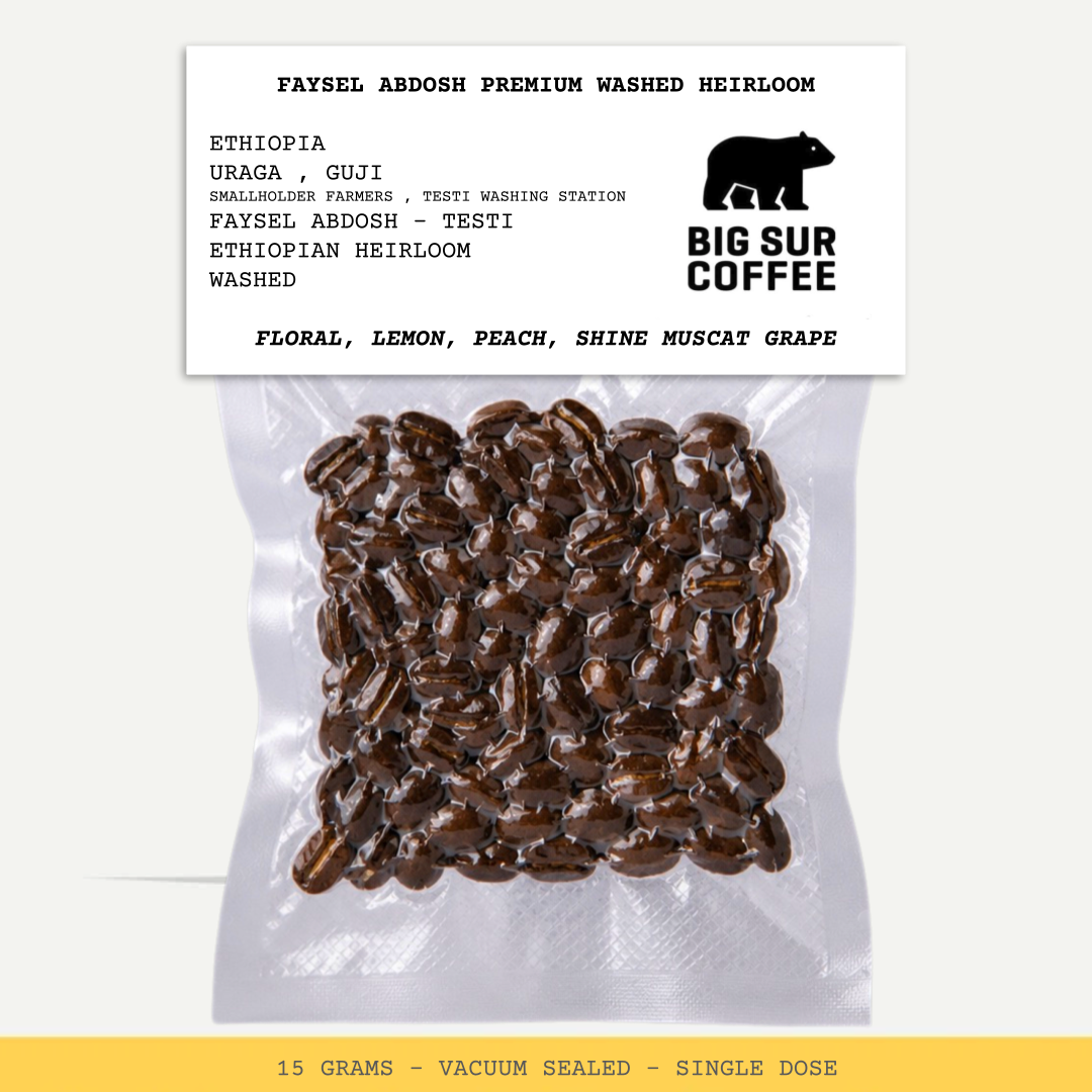 FAYSEL ABDOSH PREMIUM WASHED HEIRLOOM-ETHIOPIA-URAGA-GUJI-SMALLHOLDER FARMERS-FAYSEL ABDOSH - TESTI-TESTI WASHING STATION-TRANSPARENT-WASHED-ARABICA-ETHIOPIAN HEIRLOOM-FLORAL, LEMON, PEACH, SHINE MUSCAT GRAPE-BIG SUR COFFEE-CHINA