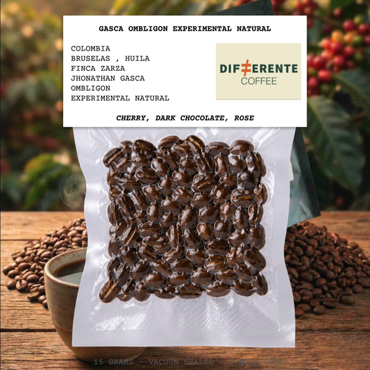 GASCA OMBLIGON EXPERIMENTAL NATURAL-COLOMBIA-BRUSELAS-HUILA-FINCA ZARZA-JHONATHAN GASCA-OPAQUE-EXPERIMENTAL NATURAL-ARABICA-OMBLIGON-CHERRY, DARK CHOCOLATE, ROSE-DIFFERENTE-COLOMBIA