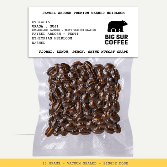 FAYSEL ABDOSH PREMIUM WASHED HEIRLOOM-ETHIOPIA-URAGA-GUJI-SMALLHOLDER FARMERS-FAYSEL ABDOSH - TESTI-TESTI WASHING STATION-TRANSPARENT-WASHED-ARABICA-ETHIOPIAN HEIRLOOM-FLORAL, LEMON, PEACH, SHINE MUSCAT GRAPE-BIG SUR COFFEE-CHINA