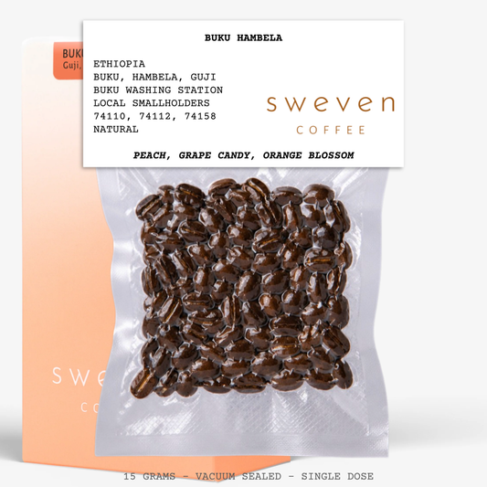 BUKU HAMBELA-ETHIOPIA-HAMBELA-GUJI-MULTIPLE SMALLHOLDERS-ESAYAS BARESO (OPERATOR)-BUKU WASHING STATION-TRANSLUCENT-NATURAL-ARABICA-74110, 74112, 74158-PEACH, GRAPE CANDY, ORANGE BLOSSOM-SWEVEN COFFEE-ENGLAND